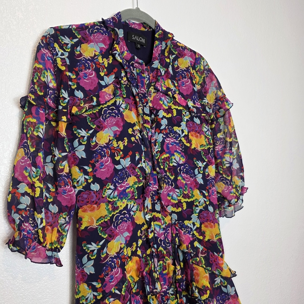 SALONI Tilly Ruffle Floral Print Silk Belted Romantic Mini Dress Size 4 - Picture 5 of 13